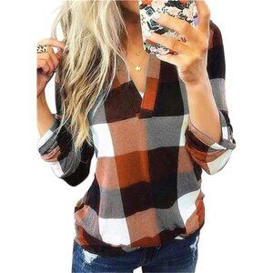 Womens Basic Casual V Neck Plaid Print Cotton Cuffed Long Sleeve Tops Blouses‎
